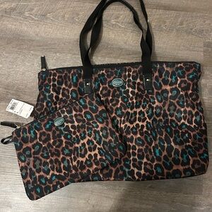 Coach Brown and Black Tote Bag with Leopard Print and Spacious Design